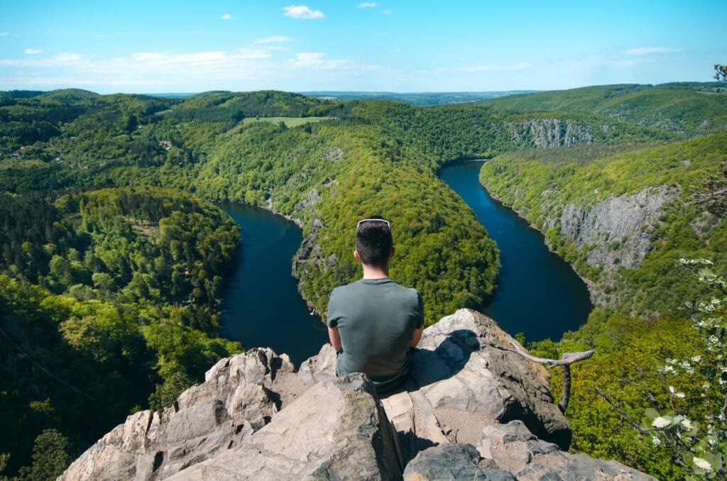 View from Viewpoint Máj overlooking the Vltava River bend, known as the Czech Horseshoe Bend, near Prague