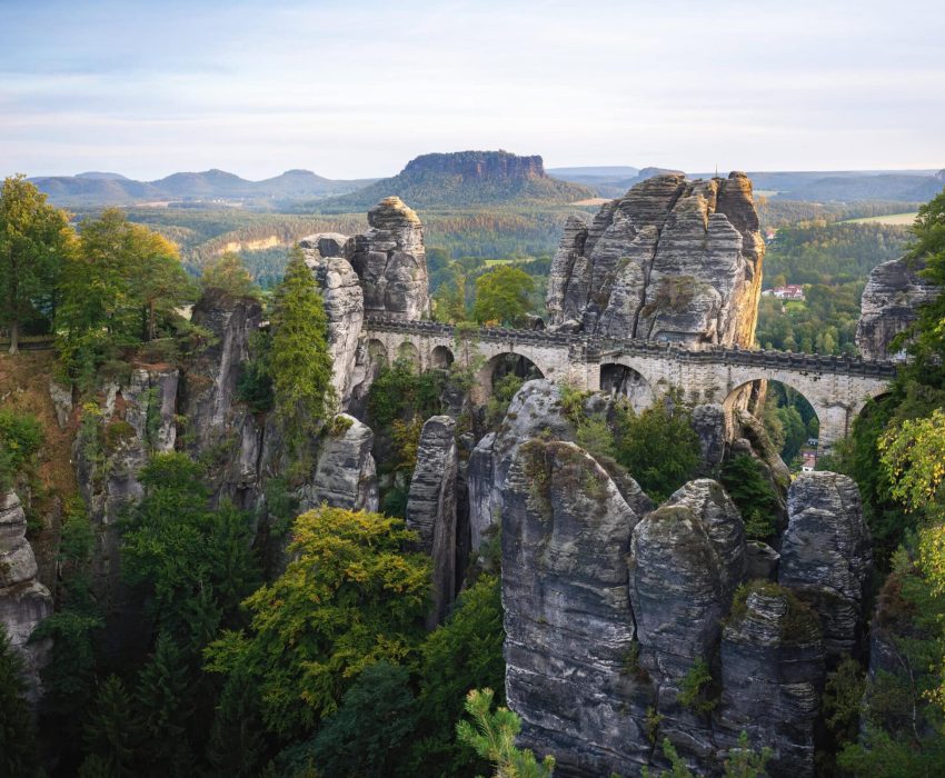 Bastei Bridge in Saxon Switzerland with rock towers
