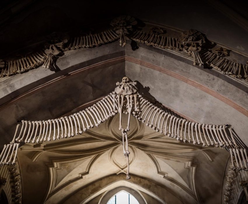 Bone chandelier inside Sedlec Ossuary